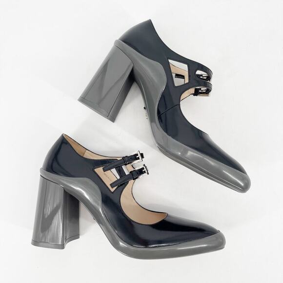 Prada Fall 2015 Runway Black Leather Gray Rubber Mary Jane Block Heel size IT 37 - Picture 4 of 13